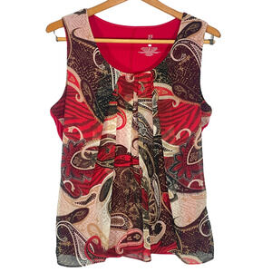 NY & Co Sz L Layered Sleeveless Top Shell Pleated Boho Scarf Print Red Career